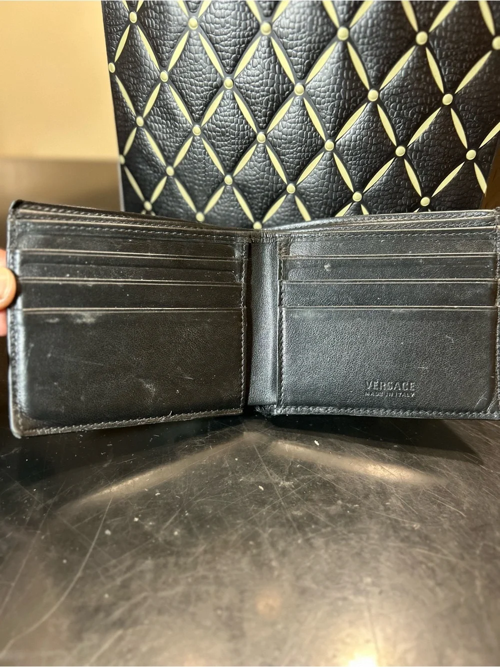 Versace Black Leather Wallet with Gold Medusa Studs